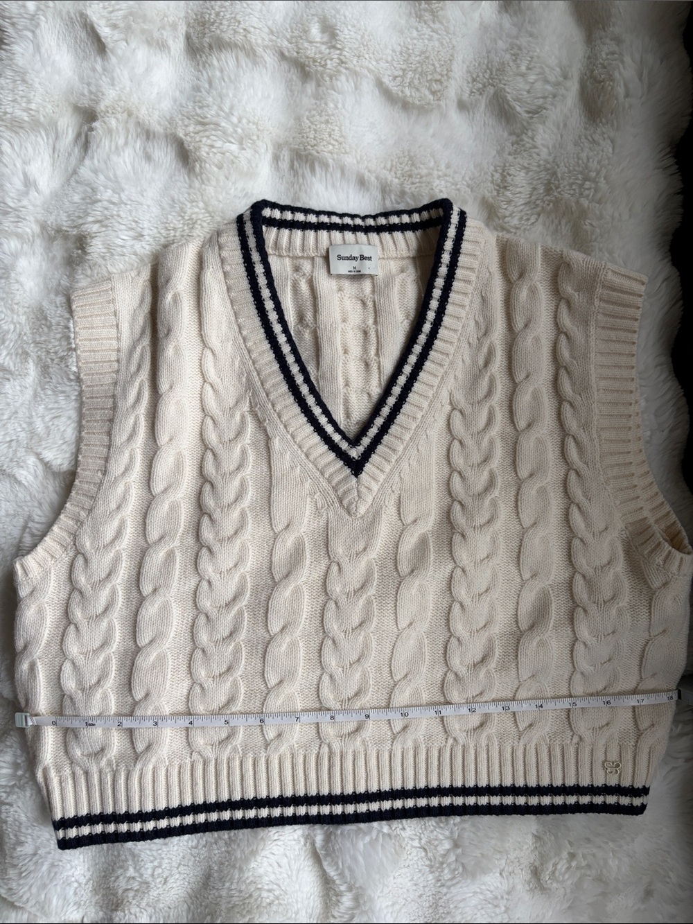 Aritzia Sunday Best Cream Cable-Knit V-Neck Sweater Vest with Navy Trim